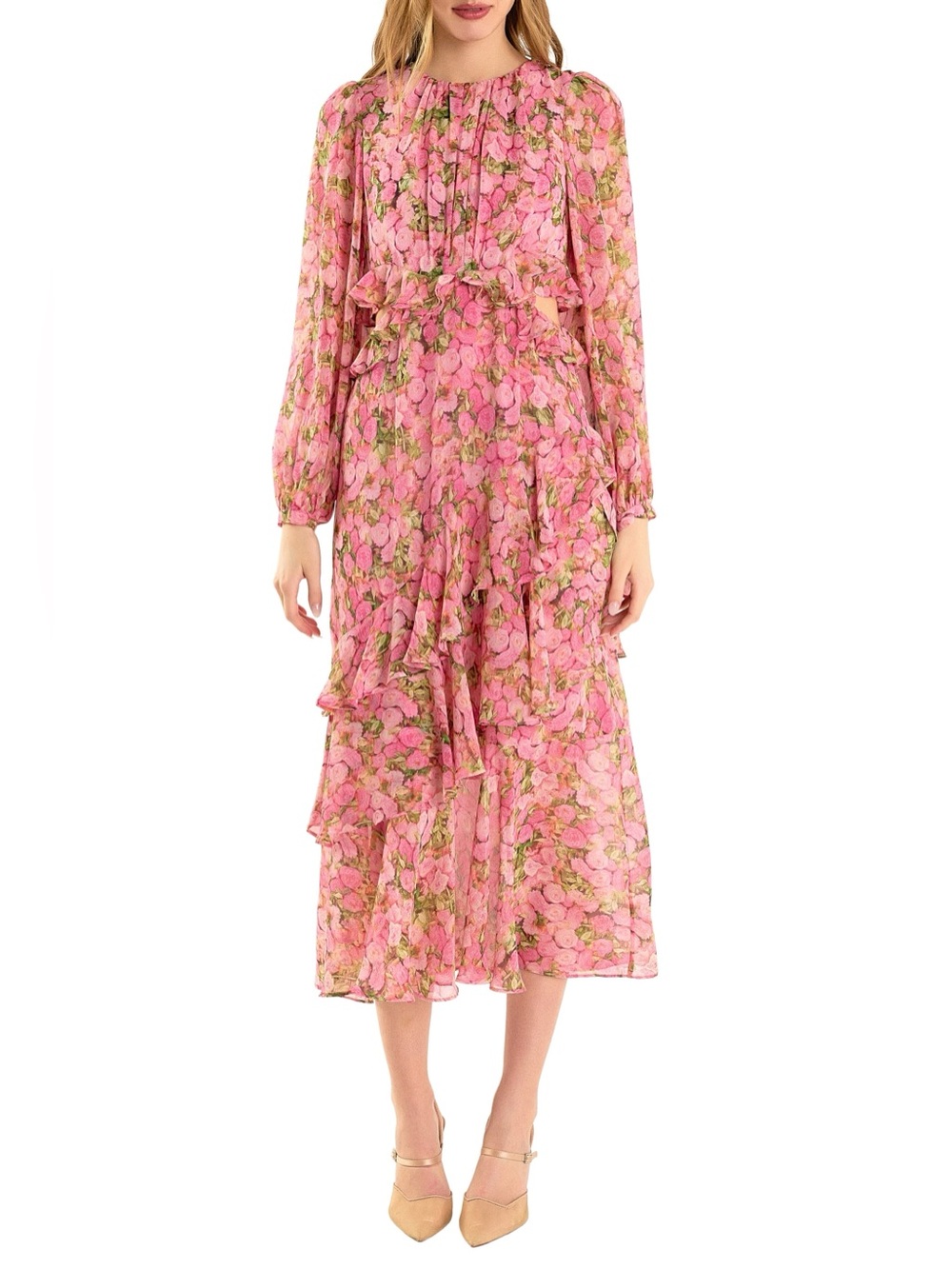 Vici Pink Floral Long-Sleeve Tiered Maxi Dress - Brand